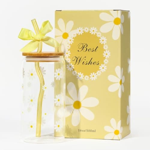 KMCCUMBER Cute Glass Cups with Lids and Straws, Teen Girl Birthday Gifts Daisy Iced Coffee Cup, Yellow Aesthetic Mug Tumbler for Birthday Mothers Day Christmas Valentines Coffee Lover 16oz - Image 1