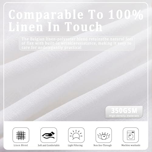 HUEVESSEL White Curtains 63 Inch Length for Living Room Pinch Pleated Pure White Linen Curtain Semi Sheer Short Pleat Drapes with Hooks Rings Bedroom 2 Panels Set - Thumbnail 2