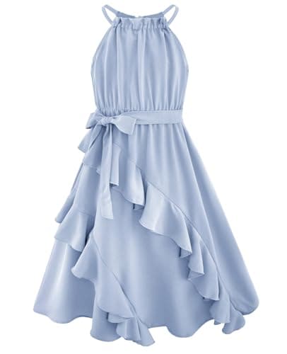 HOZIY Tween Girls Dress Size 6-7 Blue Sleeveless Tie Back Ruffle Flowy Dresses Casual Summer Vacation Beach Dresses - Image 1
