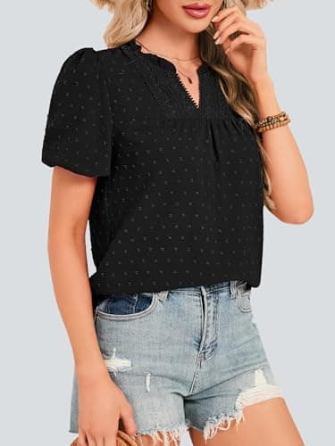 Funlingo Womens Boho Tops Summer Short Puff Sleeve V Neck Blouses Dressy Casual Flowy Swiss Dot Lace Crochet Babydoll Shirts Trendy Clothes 2026 Black 3XL - Thumbnail 2