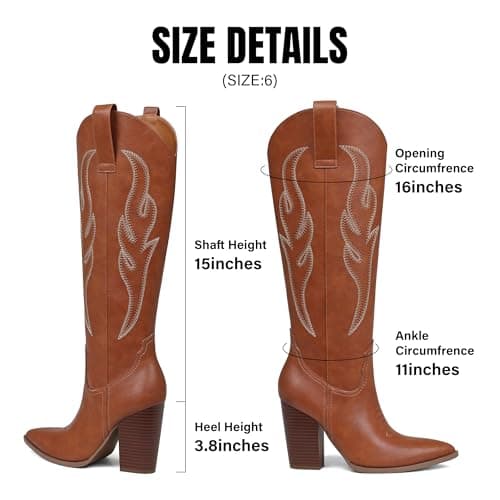 Celbreez Women's Cowboy Boots Brown Cowgirl Boots with Embroidered Knee High Cowboy Boot Women Pointed Toe Side Zipper Western Boot Leather Wide Calf Chunky Heel Country Shoes - Thumbnail 5