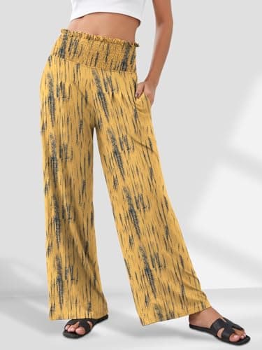 GEMLON Womens Wide Leg Pants High Waisted Palazzo Pants Summer Flowy Lounge Boho Pants with Pockets Yellow Print M - Thumbnail 5