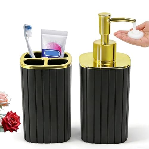 2PCS Bathroom Accessories Set, Black and Gold Soap and Toothbrush Holder Set Include Soap Dispenser and Toothbrush Holder, Bathroom Accessory Set for Boho Black Bathroom Decor