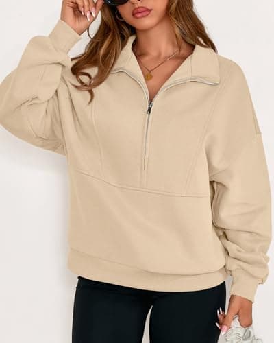 KIRUNDO Sweatshirt for Women 2026 Fall Half Zip Pullover Oversized Fleece Mock Neck Hoodies Fashion Outfits Winter Clothing(Beige, X-Large) - Thumbnail 4