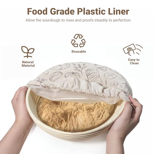 Verigud Large Reusable Linen Bread Bag and 10'' Bowl Cover with Plastic Liners for Bread Storage & Sourdough Proofing - Thumbnail 3
