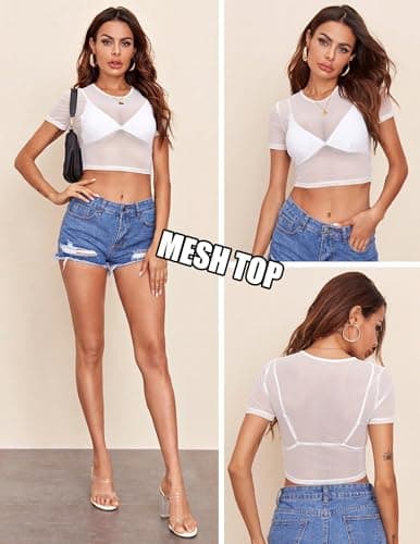 GAMMIS Womens Short Sleeve Tops Mesh Sheer Mesh Shirt Sexy Tops Crew Neck Fitted Party Tops Pure White M - Thumbnail 5