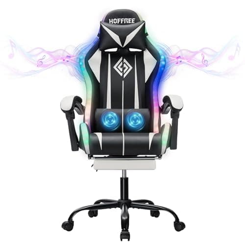 HOFFREE RGB Gaming Chair with Speakers Massage Computer Gaming Chair with LED Lights and Footrest High Back Video Game Chair for Adults White and Black