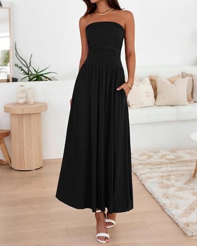 BTFBM Summer Maxi Dresses for Women 2026 Strapless Ruched Tube Top Beach Vacation Spring Wedding Guest Dress Pockets (Black, X-Large) - Thumbnail 4