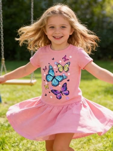 Funnycokid Little Girls T Shirt Size 6 7 Kids Pink Tee Butterflies Animal T-Shirt Graphic Short Sleeve Clothes Tops - Thumbnail 5