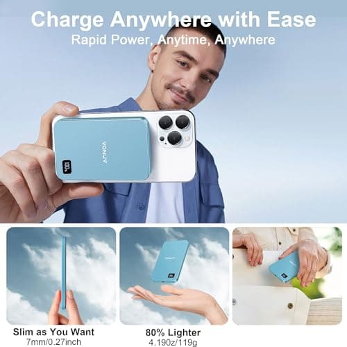 VONUV Magnetic Portable Charger 5000mAh, 15W Ultra Slim Wireless Portable Charger, Fast Charging for iPhone 17/16/15/14/13/12 Pro/Pro Max/Plus, Metal Shell, USB-C Cable to Charge Other Phones (Blue) - Thumbnail 6