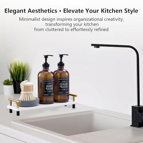 Soap Dispenser Set – 16oz Refillable Amber Glass Bottles with Brush Holder, Dish Scrub, Diatomite Tray, 12 Waterproof Labels – Brown Non-Slip Base for Home Upgrade, Rustic Farmhouse Style (Set of 6) - Thumbnail 5