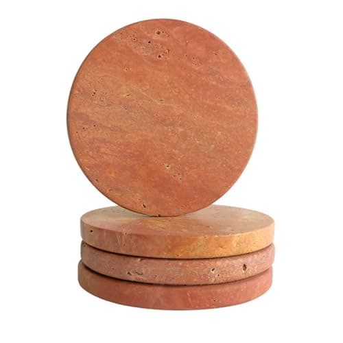Natural Travertine Stone Coasters Set of 4 with Cork Backing – 4” (10cm) Round Absorbent Drink Coasters, Non-Slip Coffee Table Protectors, Rustic Farmhouse & Modern Décor, Gift-Ready - Image 1