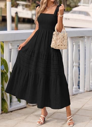 BTFBM Women's 2026 Spring Boho Spaghetti Strap Dress Casual Sleeveless Smocked A Line Beach Sundress Long Maxi Dresses(Black, X-Large) - Thumbnail 6
