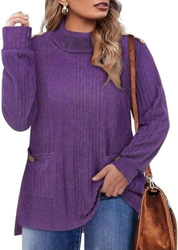 Amrto Womens Sweater Plus Size Purple Tops for Curvy Ladies Mock Neck Long Sleeves with Pockets Button Up Pullover Office Work Business Casual Holiday Funnel Sexy Chic Wear with Jeans Blazer Trousers - Image 1