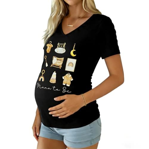 VILOVE Women Pregnancy Announcement Shirts Tunic Maternity Clothes Side Ruched Short Sleeve Casual T Shirt Black a - Image 1