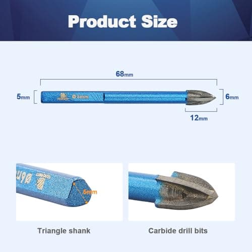Masonry Drill Bit BRSCHNITT 1/4"*10pcs Carbide Tips Concrete Drill Bit Set for Pots Bottles Ceramic Tile Glass Brick Ceramic Triangle Shank - Thumbnail 2