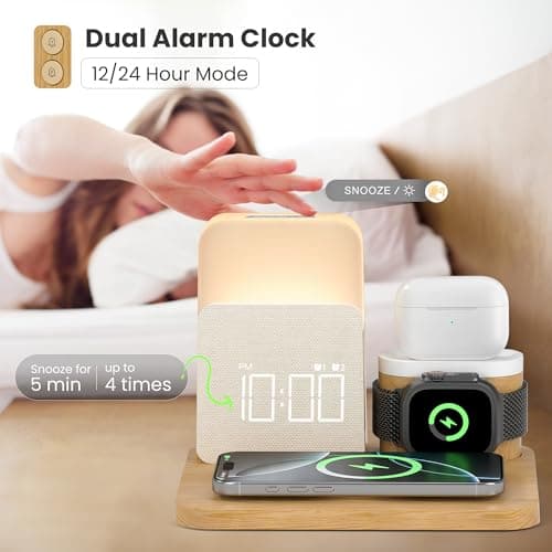 Alarm Clock Charging Station for Bedrooms, 7 in 1 Wireless Charging Station, Magnetic Charger with Night Light Bedside Clock for iPhone 17 16 15 14 13 12 Pro Max, Apple Watch, AirPods (Wood) - Thumbnail 3