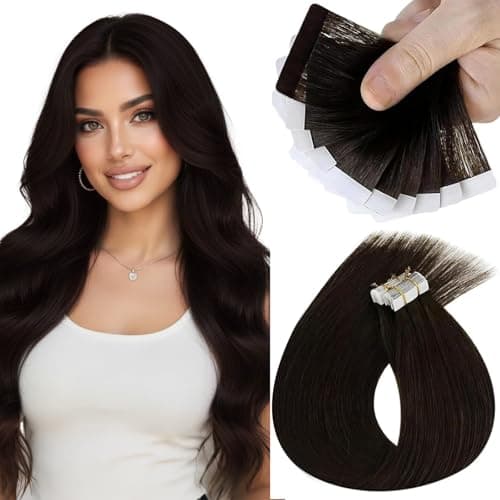 Sunny Hair Human Hair Tape in Extensions Dark Brown Tape in Hair Extensions Human Hair 16 inch Hair Extensions Real Human Hair Tape in Can be Reused 10Pcs 25g - Image 1