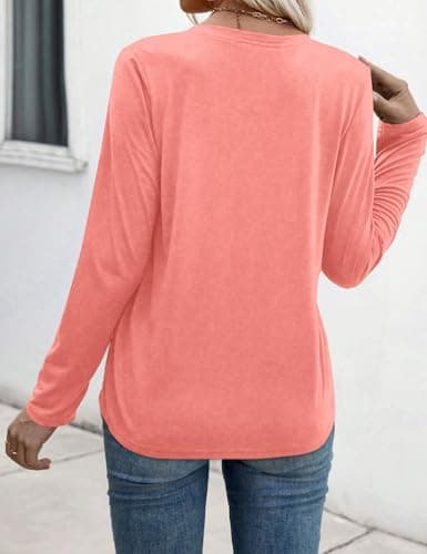 JUSTFASHIONNOW Pleated Long Sleeve Shirts for Women V Neck Dressy Casual Business Blouses Fall Tops 2025 Trendy(Coral,X-Large) - Thumbnail 6
