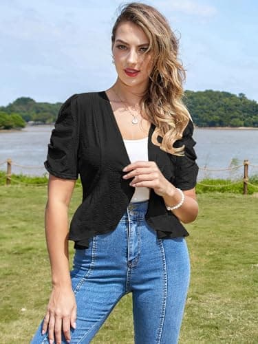 Belle Poque Women's Short Sleeve Bolero Shrug Lightweight Cropped Open Front Cardigan for Dresses Black Medium - Thumbnail 6