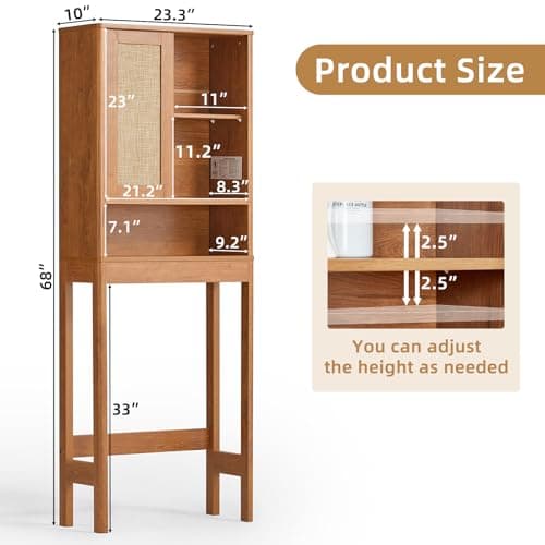 LEYAOYAO Over The Toilet Storage Cabinet with Rattan Sliding Door, 68" Tall Wood Above Toilet Bathroom Organizer w/Adjustable Shelf & Curved Profile, Space Saver Freestanding Washer Shelf - Thumbnail 2