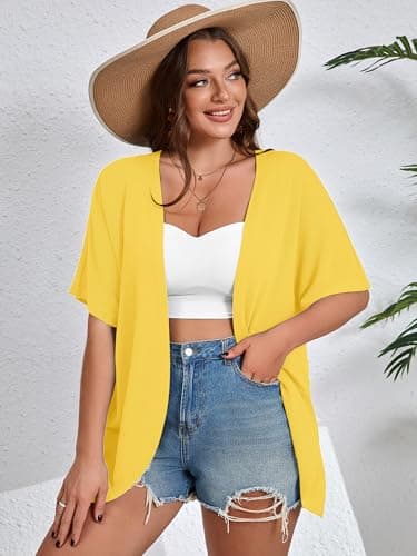 AusLook Women's Plus Size Short Sleeve Lightweight Open Front Cardigan Bright Yellow 2X Cover Ups Shrugs Shawls and Wraps Kimono Jacket Coat - Thumbnail 4
