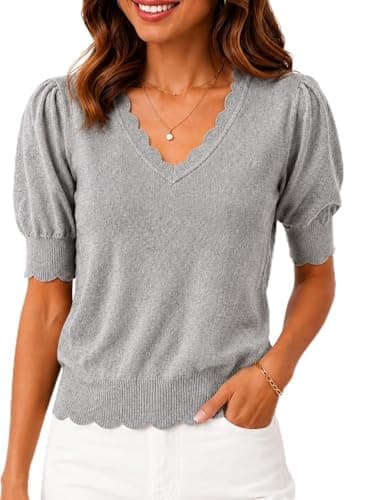 MONORA Women’s Short Sleeve Sweater Puff Sleeve Scalloped V Neck Knit Top Lightweight Pullover for Work Business Casual Grey Heather - Image 1