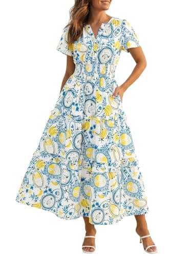 Wenrine Womens Summer Short Sleeve Maxi Dresses Casual Floral V Neck Smocked Tiered Flowy Boho Beach Sundress White - Image 1