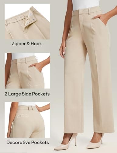 AVAMO Womens Dress Pants Wide Leg Stretchy Work Pants Women High Waisted Business Casual Trousers Slacks with Pockets Khaki - Thumbnail 4