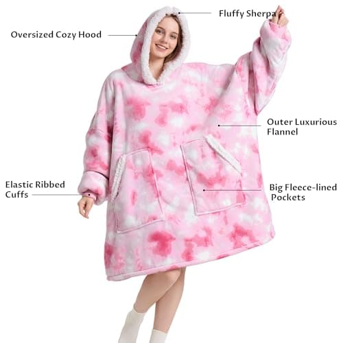 Kipswiza Wearable Blanket Hoodie - Oversized Soft Cozy Sherpa Fleece Hooded Blankets Sweatshirt as Gifts for Women Mother Daughter Girlfriend, Pink Tie Dye - Thumbnail 2