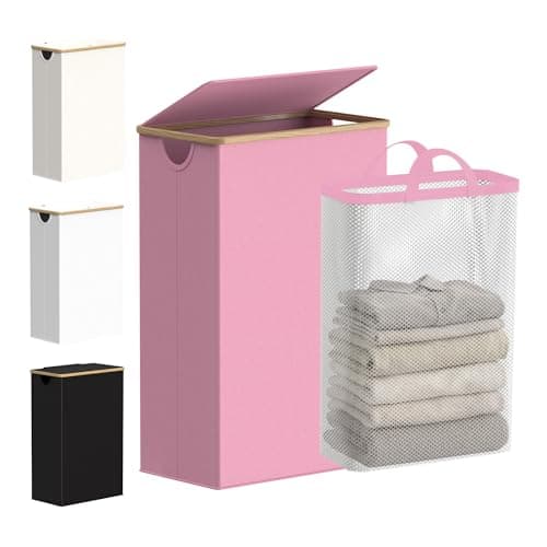 efluky Slim Laundry Basket with Lid, Narrow Laundry Hamper with Removable Bag, Skinny Dirty Clothes Basket with Bamboo Handles for Bathroom, Bedroom & Laundry Room, 75L Pink - Image 1