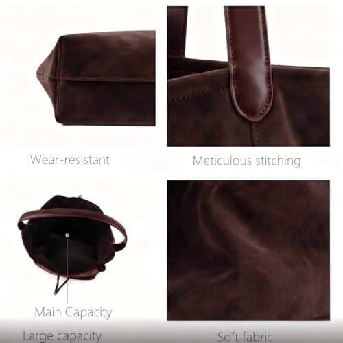 VLFMK Faux Suede Tote Bag for Women, 2-in-1 Minimalist Shoulder Bag with Internal Pouch, Large Slouchy Vegan Leather Purse with unadjustable wide strap for Work and Commute - Thumbnail 6