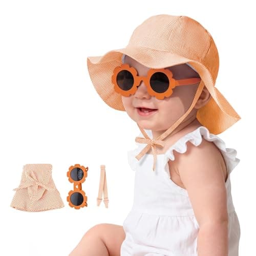 Durio UPF50+ Baby Sun Hat and Sunglasses - Sun Protection Hat for Boy Girl, Wide Brim Summer Beach Hats for Newborn Toddler Orange 2-4T - Image 1