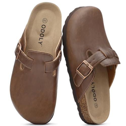 ODOLY Unisex Vegan Leather Clogs Womens Mens Cork Footbed Mules Slip on Potato Shoes with Arch Support, Mocha, Size 43 - Image 1