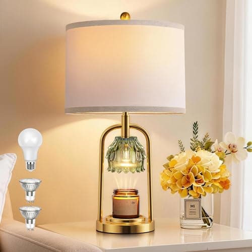 QiMH Candle Warmer Lamp with Timer Dimmer, Modern Table Lamp Wax Warmer for Scented Wax Jar, Glass Lamp Candle Warmer with 2 Bulbs, Women Gifts, House Warming Gifts, Home Decor, Brushed Gold Green - Image 1