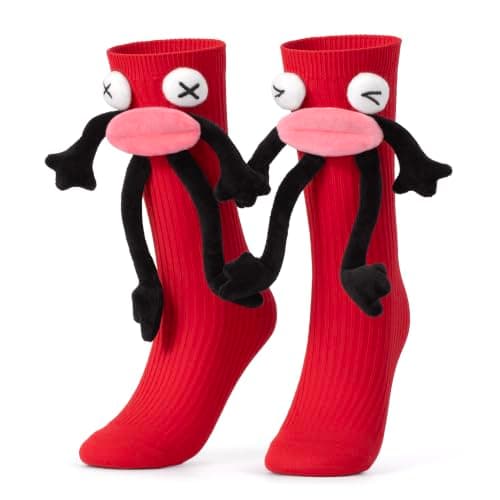 Crazy Socks for Kids - Magnetic Holding Hands 3D Monster Socks Silly Wacky Funny White Elephant Gifts for Kids and Toddler (Red Mouth) - Image 1