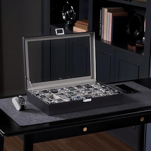 ProCase Watch Box for Men, 24 Slot Display Case with Real Glass Lid and Removable Pillows. Premium Storage Holder Organizer, Gift for Dad & Father's Day & Watch Collectors -Black - Thumbnail 3