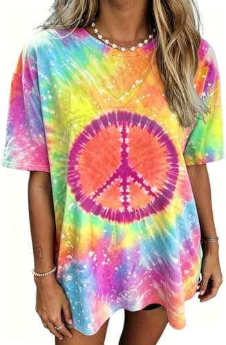QIXYN Oversized 70s Outfits Tie Dye Shirt Women Vintage Hippie Clothes for Women Peace Love Crew Neck Casual Summer Tops - Image 1