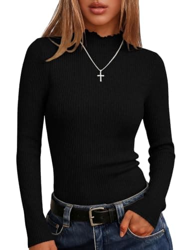 ANRABESS Long Sleeve Mock Neck Tops for Women Knit Shirts, Black, XS