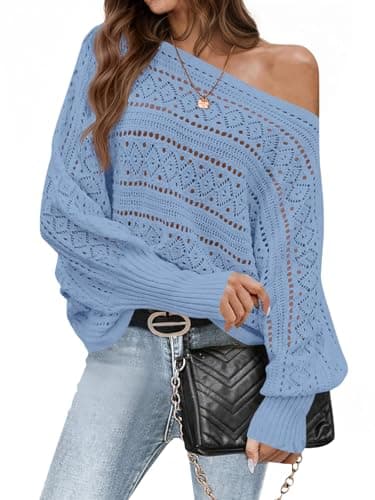 Saodimallsu Womens Off The Shoulder Sweaters Fall 2025 Oversized Knit Batwing Long Sleeve Crochet Pullover Sweater Tops Blue - Image 1