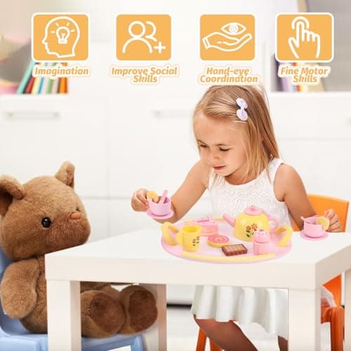 Tea Party Set Wooden Tea Sets for Toddlers 3-5 Play Food Pretend Play Toys Kids Tea Set for Girls 6-8 Birthday Gift Wooden Tea Party Set for Little Girls 3 4 5 6 Years Old Outdoor Tea Time Game - Thumbnail 5
