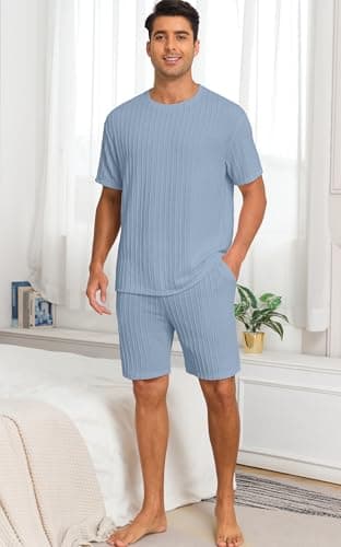 PrinStory Mens Pajamas Set Summer Pjs Sets Lightweight Short Sleeve Pajama Shorts Set Soft Sleepwear Loungewear with Pockets Gray Blue-XL - Thumbnail 3