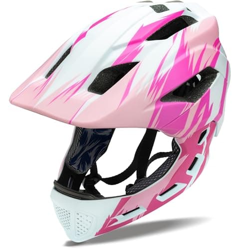 Natuway Toddler and Kids Full Face Helmet, Girl and Boy BMX Multi-Sport Detachable Mountain Dirty Bike Helmet (White and Pink) - Image 1