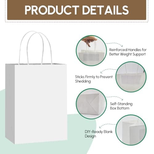 Qioxiou 60 Pack White Gift Bags 5.91x3.15x8.27 Small Kraft Paper Gift Bags with Handles Bulk, White Paper Sacks for Wedding Birthday Party Favor, Retail, Merchandise, Small Grocery, Shopping, Business - Thumbnail 3