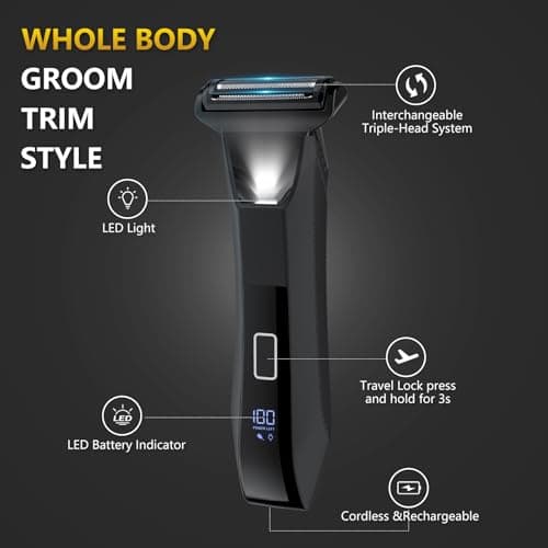 Manscape 3-in-1 Body Trimmer for Men, Groin, Pubic & Ball Hair Shaver No-Nick, Nose Hair Trimmer, Body Groomer for Smooth Shaving, Lightweight with Travel Lock, LED Display, IPX7 Waterproof, Gift Men - Thumbnail 3