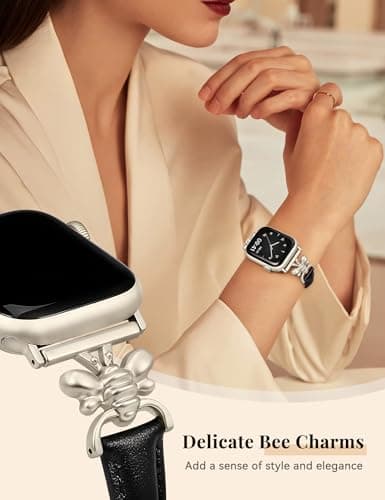 Wearlizer Slim Leather Band Compatible with Apple Watch Bands for Women 40/38/41/42mm, Top Genuine Leather Elegant Strap with Stylish Metal Design for iWatch Series 11 10 9 8 SE 7 6 5 SE 4 3 2 1 - Thumbnail 3
