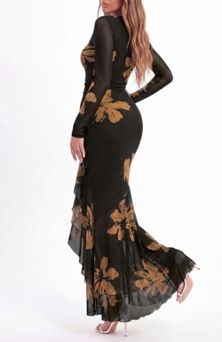 BTFBM Women's Maxi Dresses Fall 2026 Long Sleeve Bodycon Floral Ruffle Cocktail Wedding Guest Dress Concert Outfits(Floral Black Yellow,XX-Large) - Thumbnail 5