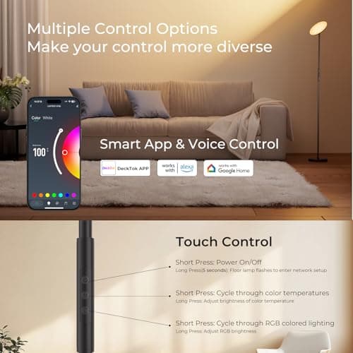 Floor Lamp, 2800LM RGBWW Smart Standing Lamps for Living Room with Smart App & Voice Control, 69.3in Torchiere Floor Lamps Color Changing, 350°Rotating LED Tall Lamp for Bedroom Office Gaming Party - Thumbnail 2