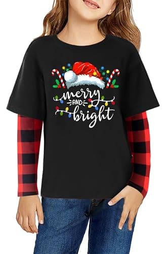 Christmas Shirts for Kids Girls Boys Christmas Tree Graphic Tee Xmas Long Sleeve Stripe Plaid Tops - Image 1
