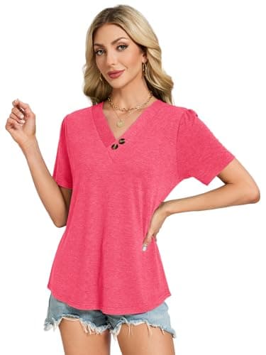 VUTRU Womens Short Sleeve Tops Summer Blouse V Neck Shirts Henley Tunic Loose Flowy Work Casual Plus Size Clothes, Heather Pink M - Thumbnail 6